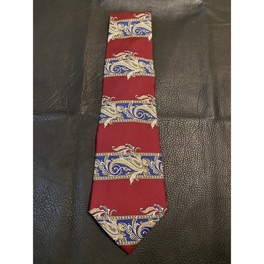 Mens Stanford Geometric Maroon Tan Blue Neck Silk Tie 56" L x4" W Classic Power